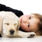 ילד עם גור כלבים שוכב